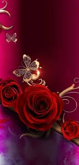 Elegant wallpaper with red roses and golden butterflies on a pink background.