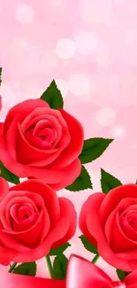 Elegant wallpaper of vibrant red roses on a soft pink background.