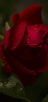 Close-up of a red rose with dewdrops on its petals against dark green leaves.