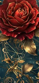 Elegant red rose with gold accents on dark teal background.