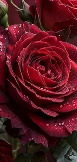 Close-up of a vibrant red rose with water droplets.