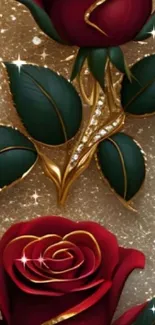 Elegant red roses on a gold background wallpaper.