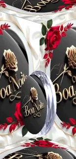 Boa Noite text with elegant red roses in vintage style.