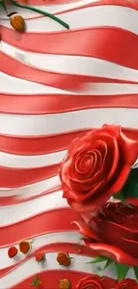 Elegant wallpaper with red roses and wavy stripes.