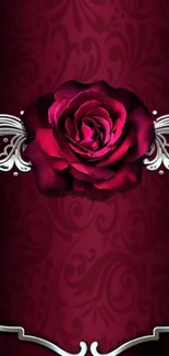 Elegant burgundy wallpaper with central rose and silver accents for mobile phone.