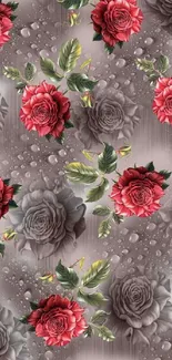 Elegant wallpaper with red roses and grey patterns for mobile phones.