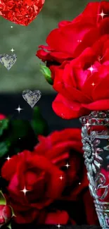 Elegant red roses in a sparkling vase with decorative hearts.