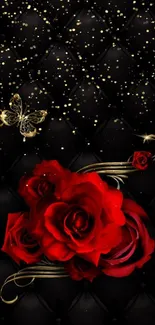 Luxurious black wallpaper with red roses and golden accents.