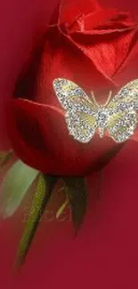 Elegant red rose with sparkling butterfly mobile wallpaper.