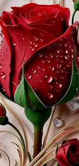 Elegant red rose with dew drops against an ornate backdrop.