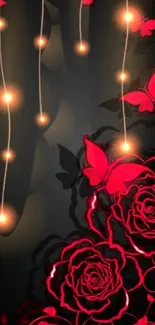 Elegant wallpaper with red roses and butterflies.
