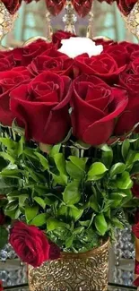 Beautiful red roses in ornate vase with mirror reflection.