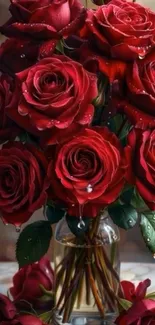 Bouquet of red roses with water droplets in a vase.