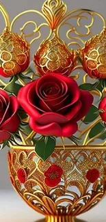 Elegant red roses in an ornate gold vase mobile wallpaper.