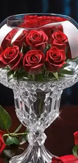 Red roses beautifully arranged in a crystal vase.