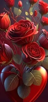 Elegant red roses in heart-shaped vase wallpaper.