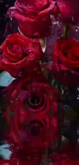 Red roses with raindrops reflecting on water surface.