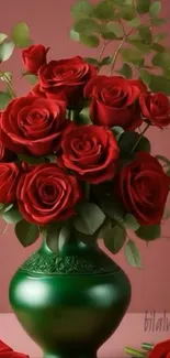 Bouquet of red roses in a green vase.