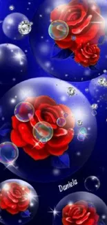 Red roses within bubbles on a dark blue background.