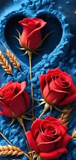 Red roses on a textured blue background with golden wheat accents.