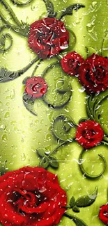 Mobile wallpaper featuring red roses on a lush green background with vines.