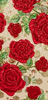 Elegant red roses floral pattern on beige background.