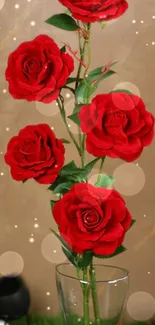 Elegant mobile wallpaper with red roses in a glass vase, perfect for floral enthusiasts.