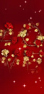 Elegant red roses on a rich red background, perfect for a mobile wallpaper.