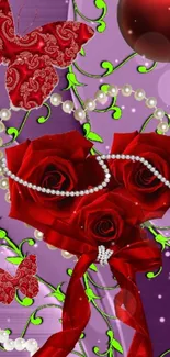 Mobile wallpaper with red roses, pearls, butterflies, and purple background.