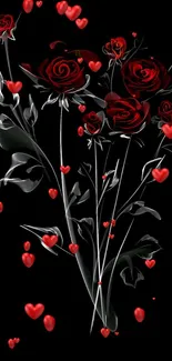 Elegant red roses and hearts on a black background for mobile wallpaper.