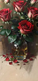 A beautifully arranged bouquet of red roses in a glass vase on a beige background.