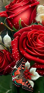 Mobile wallpaper with vibrant red roses and a butterfly.