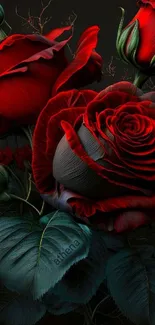 Red roses with dark green leaves on a dark background.