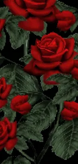 Elegant wallpaper with vibrant red roses and lush green leaves.