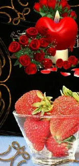 Elegant wallpaper with red roses and strawberries in a glass bowl.