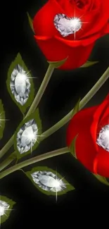 Red roses with heart-shaped diamonds on black background.