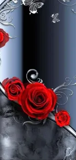 Elegant wallpaper with red roses and silver butterflies on a black background.