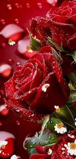 Fresh red roses with water drops and small daisies on a vibrant red background.