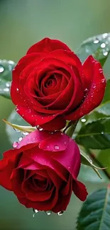 Close-up of elegant red roses with dewdrops on petals and leaves.