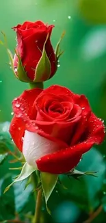 Red roses with dew in a lush green garden setting.