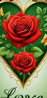 Heart-shaped red roses with butterflies on a green background.