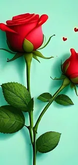 Two elegant red roses with hearts on a teal backdrop.