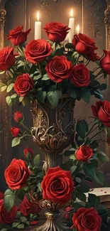 Luxurious wallpaper with red roses and glowing candles.