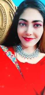 Woman in red saree with silver jewelry smiling.