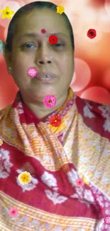 Woman in traditional red sari with bokeh background.