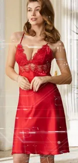 Elegant woman in red satin nightwear for mobile wallpaper.