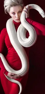 Elegant red wallpaper with white snake and figure in red outfit.