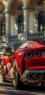 Elegant red sports car in urban setting.