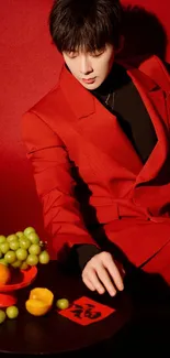 Man in red suit with grapes and oranges on table.