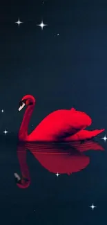 Elegant red swan glides on dark water, reflecting serenity.